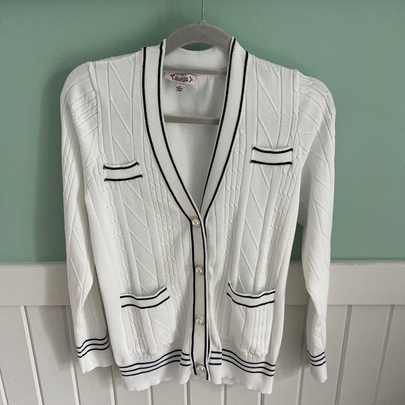 Nanette LePore Pearl button front cardigan black & white stripe - medium - Picture 1 of 4